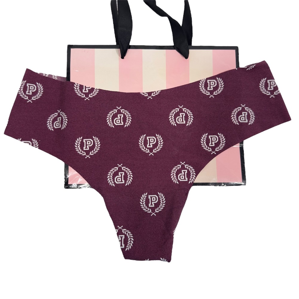 NWT Victoria's Secret PINK Thong Panty Burgundy‎ P Logo Print Lingerie M